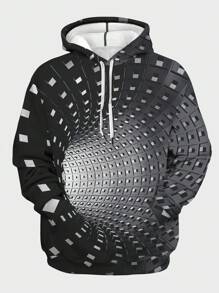 Manfinity Roughcore Men's Plus Size Geometric Printed Hooded Sweatshirt - Black and White - View 3