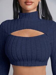 SHEIN PETITE 露脐短袖上衣＆筆裙 - 藏蓝色 - 查看 4