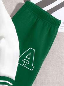 SHEIN Tween Boys' Cool Contrast Color Letter Pattern Jacket And Jogger Pants Outfit - Green - View 5