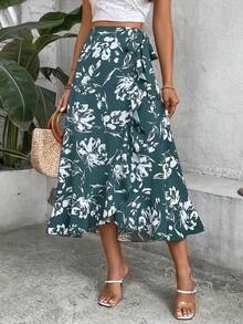 SHEIN LUNE 女款花卉荷葉邊半身裙 - 綠色 - 查看 3