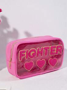 1pc Minimalist Mother's Day Embroidered Letter PVC Semi-Transparent Cosmetic Bag, Toiletry Pouch, Suitable For Travel, Holiday, Gift - Hot Pink - View 1