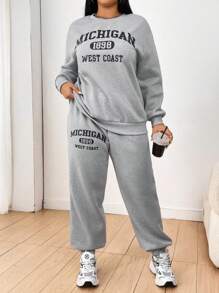 Flirla Plus Size Women's Letter Printed Round Neck Sweatshirt And Sweatpants Two-Piece Set - Light Grey - View 6
