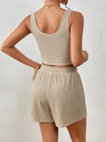 SHEIN Frenchy Của phụ nữ Chất rắn Kết cấu Áo vest Và Bộ quần short - Rượu sâm banh - Xem 2