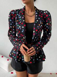 Calvaya Heart Print Lapel Collar Blazer Jacket