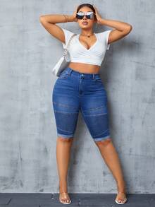 SHEIN SXY Kích thước lớn Nhấn Thon gọn Quần short Denim - Rửa tối - Xem 5