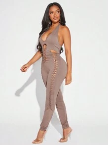 SHEIN SXY Women'S Cross Strap Halter Neck Tight Jumpsuit - Dusty Purple - View 8