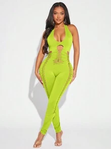 SHEIN SXY 女士露背連身緊身跳躍裝 - 黃色 - 查看 6