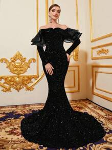 Faeriesty Đầm dạ hội đuôi cá trễ vai xếp nếp nhiều lớp đính sequin - màu đen - Xem 2