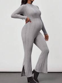 SHEIN 孕婦著用扭結肋紋連體褲,後背線條剪裁設計
