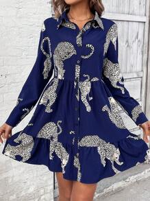 SHEIN LUNE Women's Leopard Shirt Dress - Navy Blue - View 4