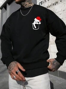 Manfinity Homme 寬鬆款男士圓領衛衣，貓印花設計 - 黑色 - 查看 1