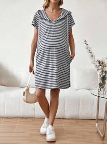 SHEIN Maternity Striped Drawstring Hooded Casual Dress - Multicolor - View 5