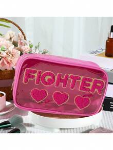 1pc Minimalist Mother's Day Embroidered Letter PVC Semi-Transparent Cosmetic Bag, Toiletry Pouch, Suitable For Travel, Holiday, Gift - Hot Pink - View 3