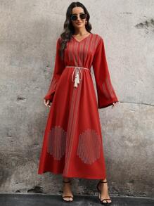 Modelyn 女式水鑽裝飾喇叭袖連身裙 - 橘色 - 查看 1