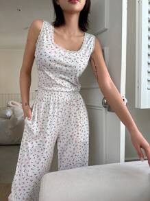 DAZY Set áo ba lỗ & quần chắp vá ren hoa Bộ đồ ngủ màu trắng - trắng - Xem 4