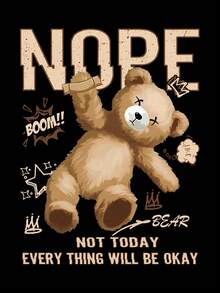 SHEIN EZwear 大码女式卫衣，印有标语和熊图案 - 黑色 - 查看 3