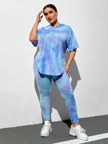 SHEIN Essnce 大码女装时尚休闲百搭春夏女装新款音乐节服装扎染彩色面料连帽 T 恤打底裤 2 件套 - 彩色 - 查看 6