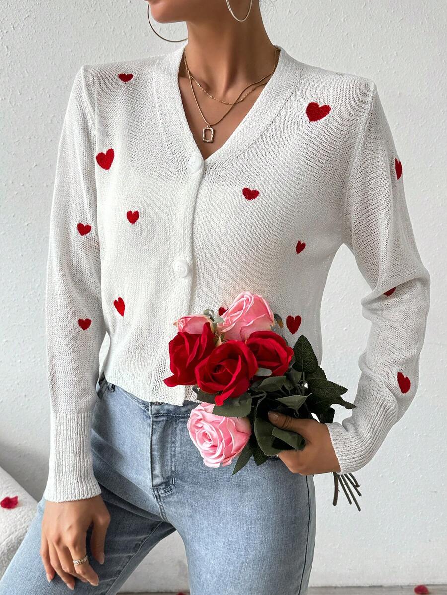 SHEIN LUNE 女士心形刺绣纽扣针织开衫套头毛衣，秋冬款 - 白色 - 查看 1