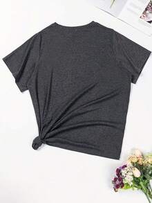 Women's Slogan Tape Printed Round Neck T-Shirt - Dark Grey - View 2
