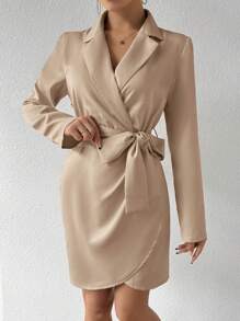 SHEIN Privé 女款純色翻領裹身連身裙 - 卡其色 - 查看 5