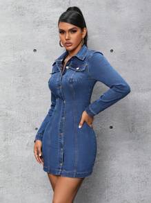 SHEIN SXY Vestido Vaquero Ajustado - Azul lavado oscuro - Ver 4
