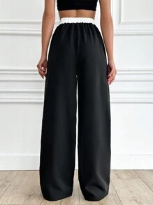 EURMUSE Women's Contrast Waist Drawstring Trousers - Black - View 2