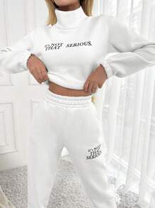 EURMUSE Women'S Slogan Printed Turtleneck Two-Piece Set - White - View 5