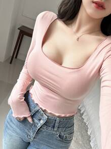 DAZY Women's Solid Color Slim Fit T-Shirt With Large Round Neckline - Dusty Pink - View 4