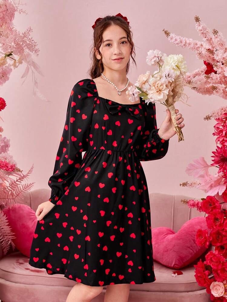 Teen Girls' Sweetheart Neckline Heart Print Dress