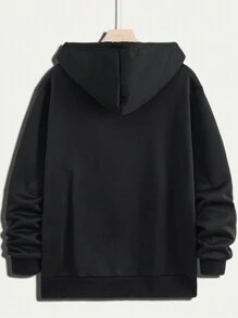 Men Christmas Print Kangaroo Pocket Drawstring Hoodie - Black - View 3