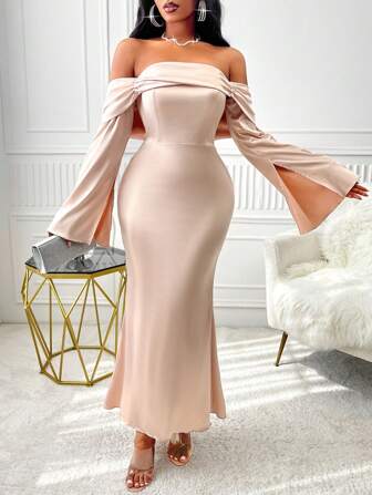 Women's Elegant & Sexy Off Should Slit Bell Sleeve Solid Satin Mermaid Dress With Spring And Autumn For Party And Banquet