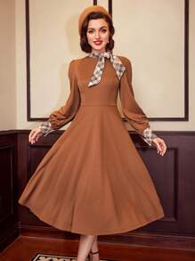 Vintamour Vintage Elegant Women's Plaid Splice Collar Tie Long Sleeve A-Line Dress - Brown - View 3