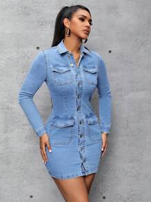 SHEIN SXY Ladies Cargo Pocket Shirt Denim Dress - Light Wash - View 5