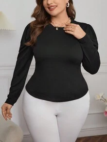 SHEIN Privé 女大尺碼純色圓領長袖休閒t卹 - 黑色 - 查看 6