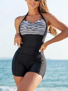 Swim Vcay 女士條紋露肩單肩一字領泳衣,嘉年華 - 黑與白 - 查看 1