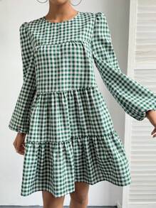 SHEIN Essnce 女士格紋褶襾袖娃娃裙，情人節約會裝 - 綠色 - 查看 4