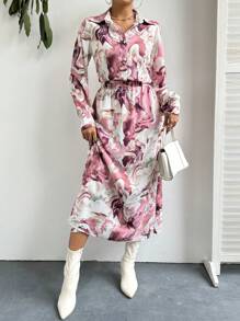 SHEIN Essnce Marble Print Long Sleeve Shirt And Skirt Set - Multicolor - View 5