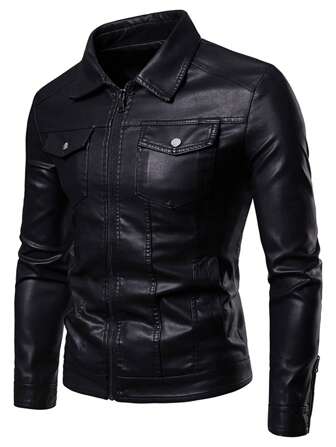 男士休闲纯色拉链仿皮夹克，适合秋季，摇滚风
