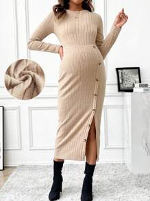 SHEIN Vestido Ribeteado Y Dividido De Maternidad - Caqui - Ver 1