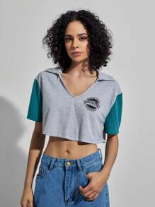 Forever 21 Vintage Style College Crew Neck Color Block Letter Print Cropped T-Shirt - Grey - View 6