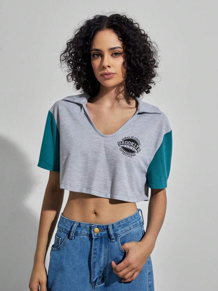 Vintage Style College Crew Neck Color Block Letter Print Cropped T-Shirt