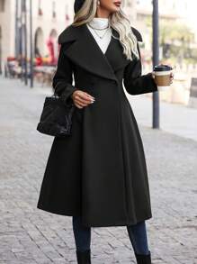 女式缺口领长袖收腰羊毛混纺大衣 - 黑色 - 查看 7