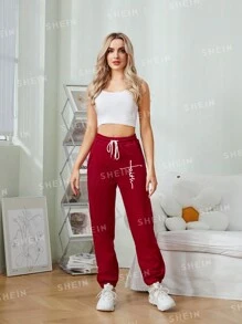 Ladies Casual Sports Autumn And Winter Warm And Fleece Sweatpants Letter Printed Fashion All-Match Fleece Sweatpants