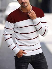 Manfinity Mode Men's Striped Long Sleeve Sweater, For Fall Winter - Burgundy - View 5