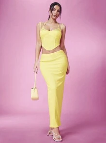 SHEIN BAE Summer Sets Yellow Sets Two Piece Beach Set Summer Two Piece Outfits - Yellow - View 5