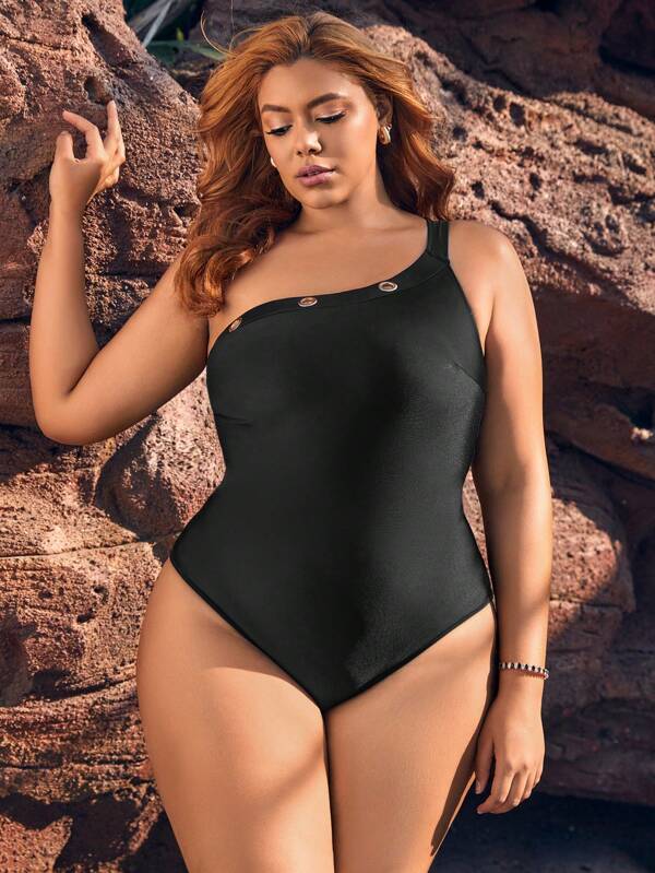 SHEIN Swim Curve Summer Plus Size Asymmetric Neckline One-Piece Swimsuit