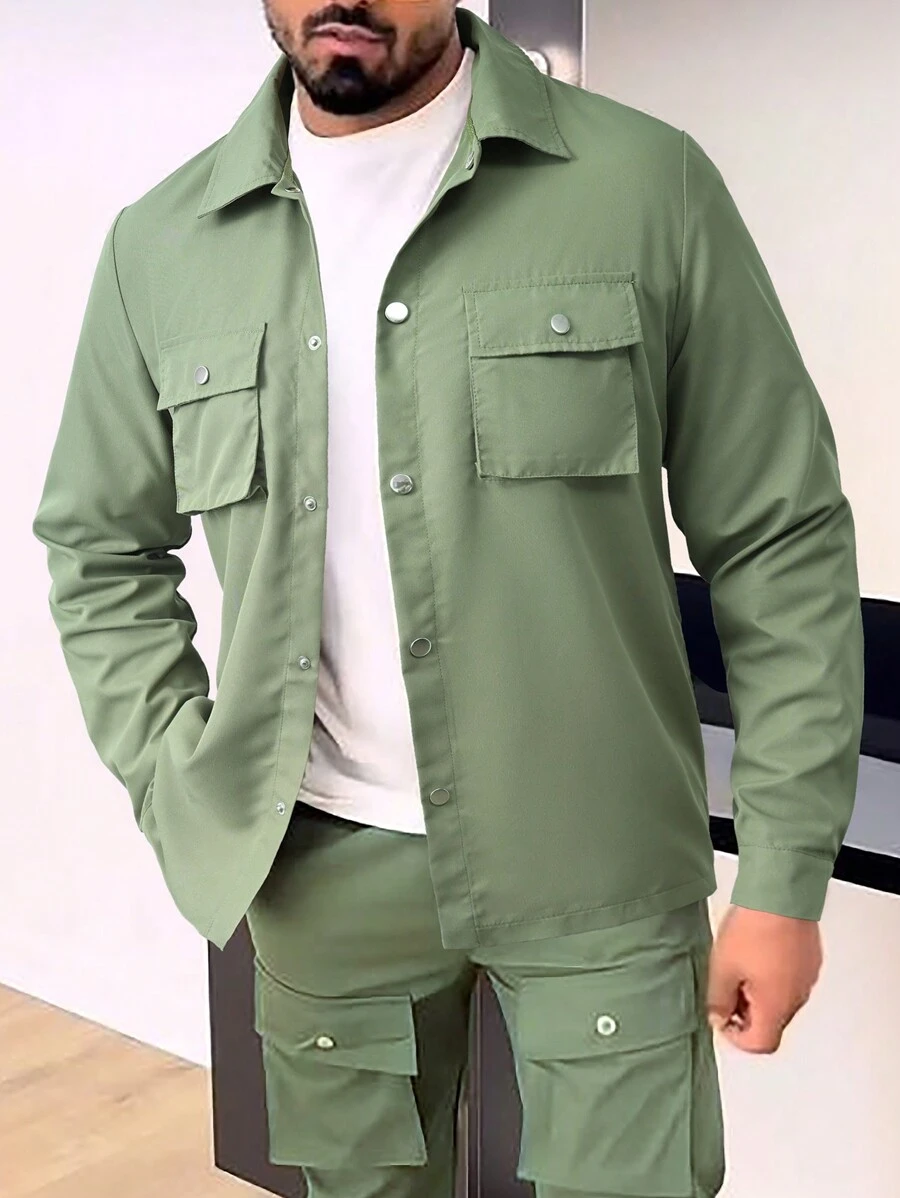 Manfinity Homme Men'S Button-Up Shacket With Flap Pockets - Army Green - View 1