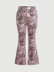 SHEIN MOD Plus Size Women'S Angel Printed Flared Jeans - Multicolor - View 1