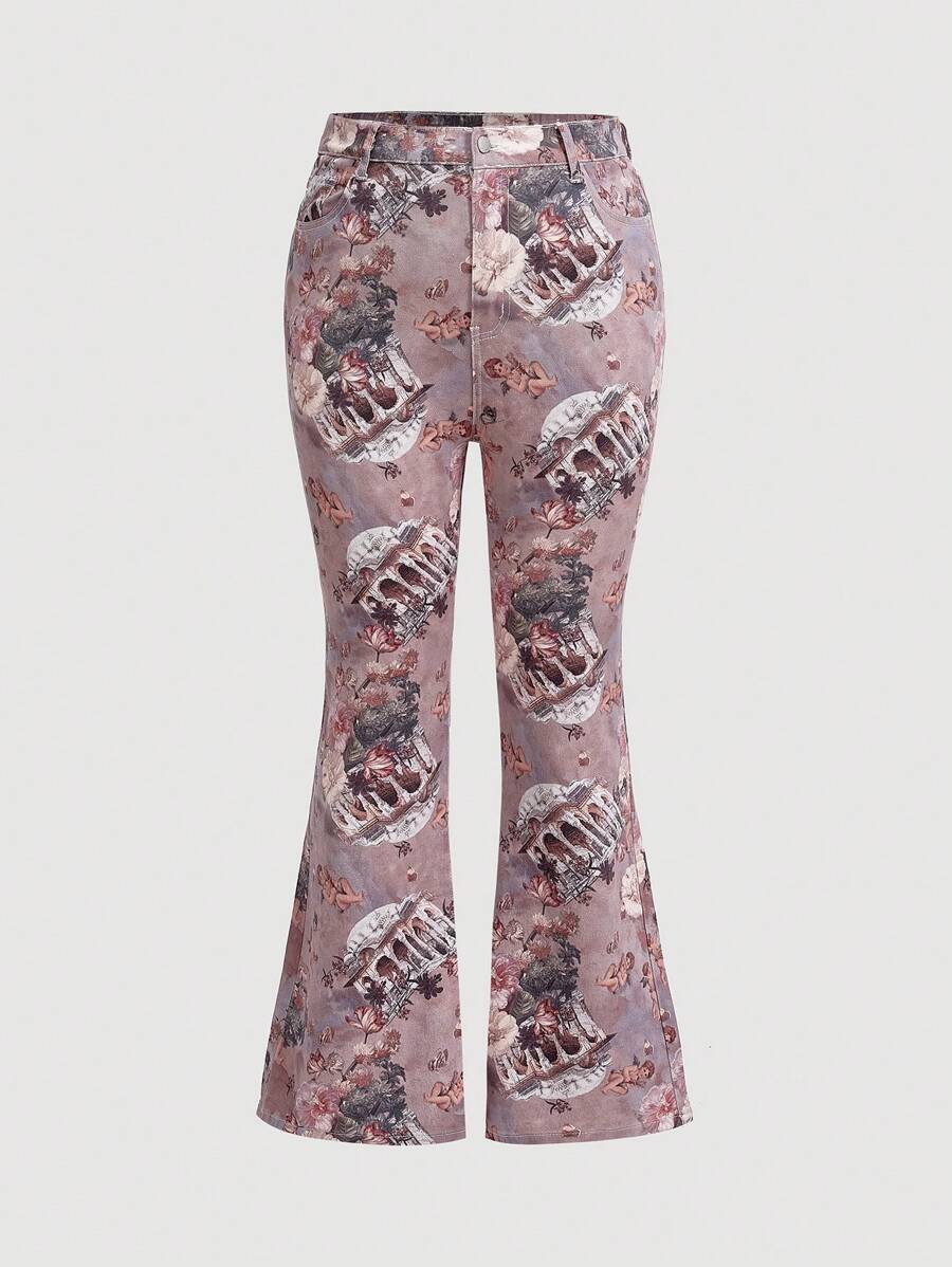 SHEIN MOD Plus Size Women'S Angel Printed Flared Jeans - Multicolor - View 1