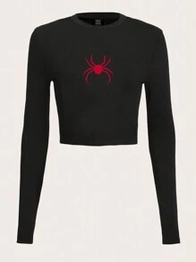 SHEIN EZwear Casual Spider Round Neck Long Sleeve Women's T-Shirt, Spring And Autumn Slim Fit Top Back To School